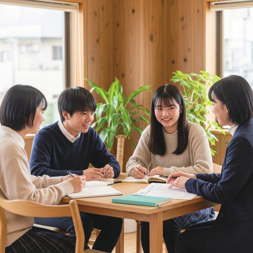 高校生が机を囲んで一緒に学ぶ様子